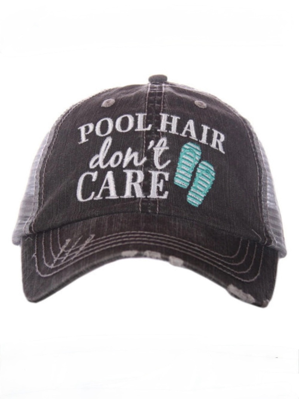 Katydid 'Pool Hair Don't Care' Distressed Black Trucker Hat with Teal Accent
